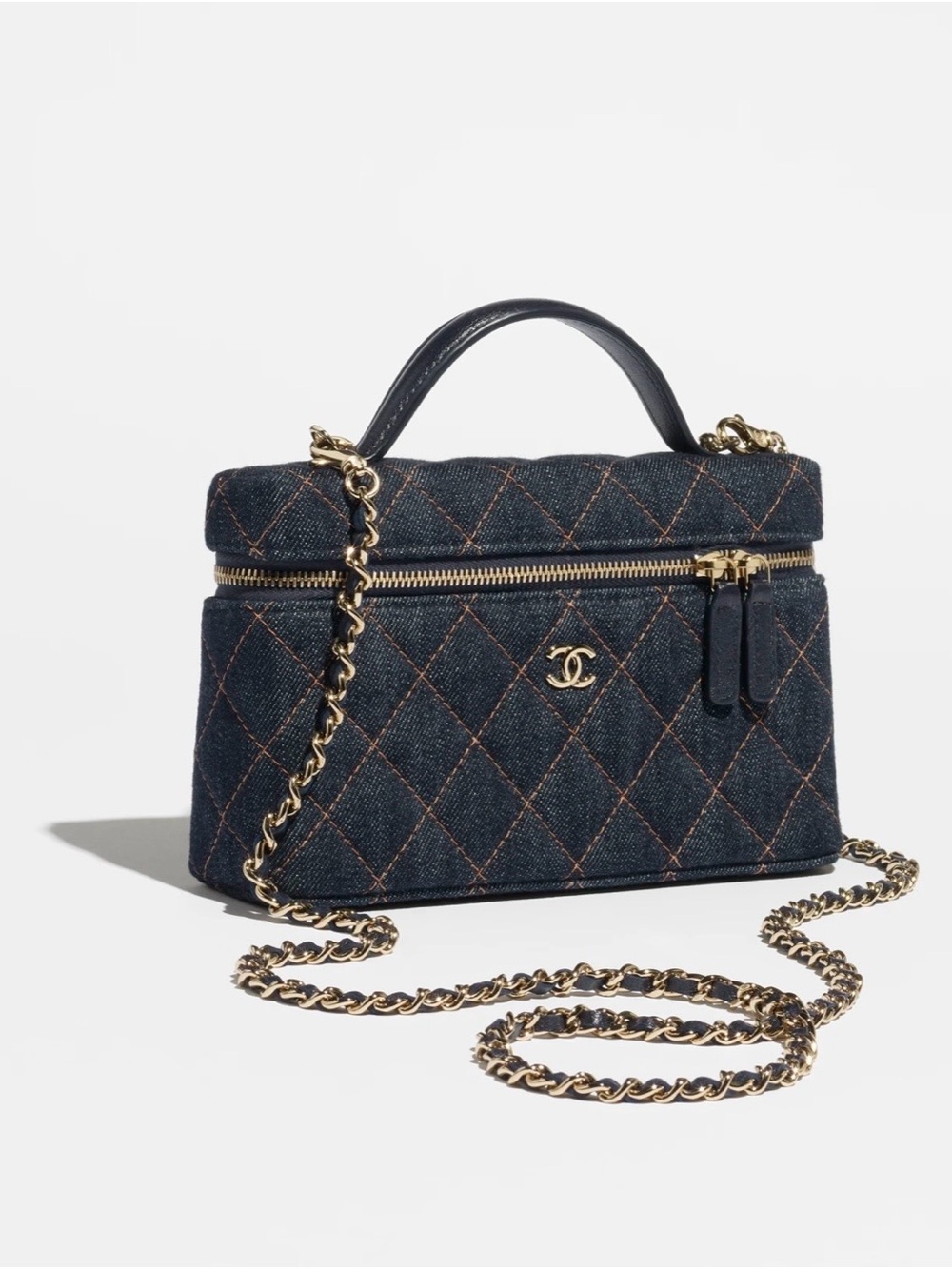 CHANEL Quilted Denim Top-Handle Bag in Dark Blue with Gold Hardware